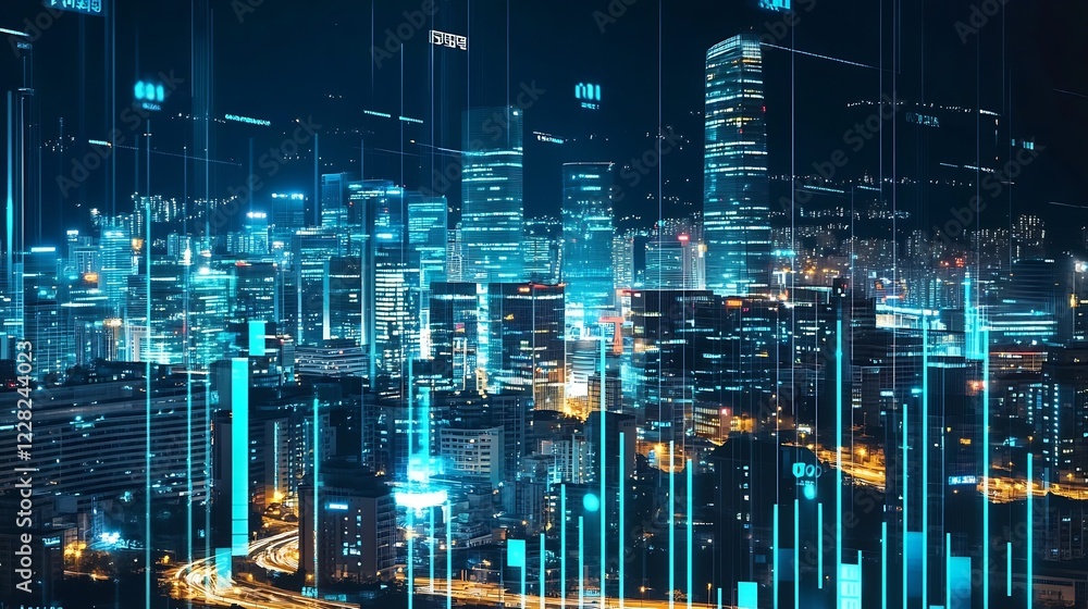 Aufkleber Illuminated Modern City at Night with Financial Data Visualizations and Skyscraper Lights : Generative AI