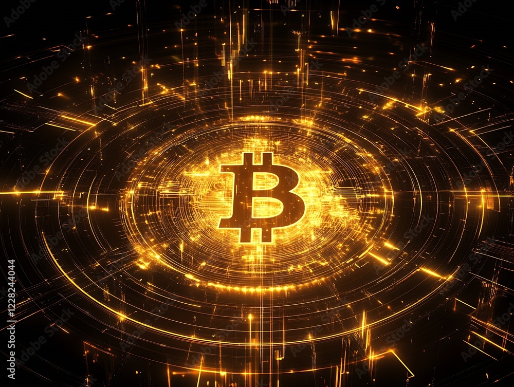 Poster Digital Bitcoin Icon Surrounded by Radiant Interconnecting Golden Streams : Generative AI