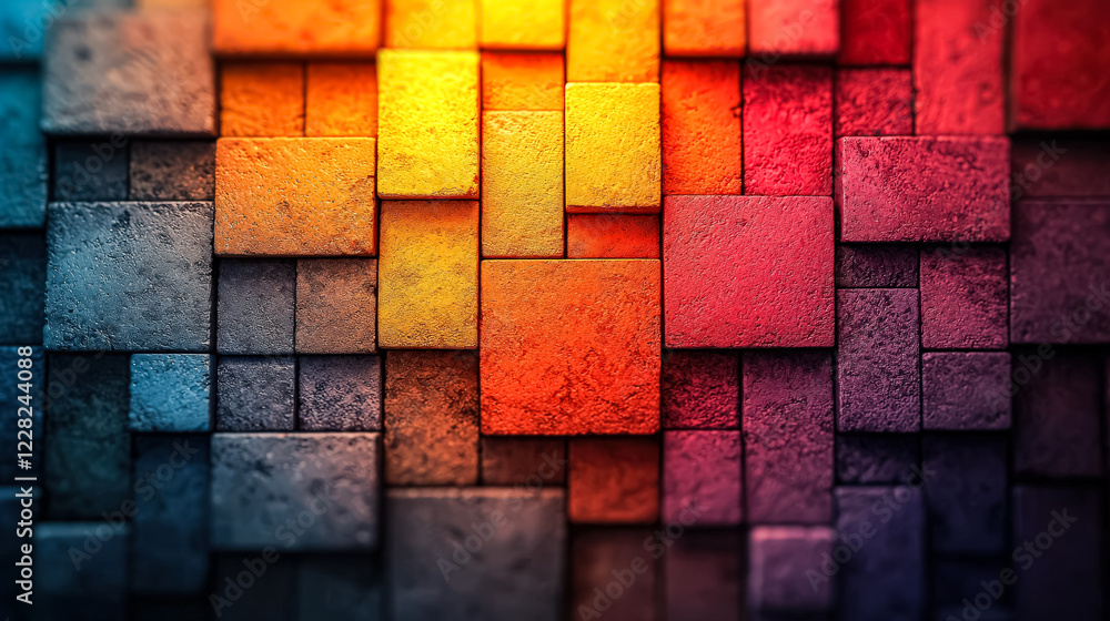 Poster colorful wall made of square blocks. the blocks are of different colors and sizes. the wall is made 