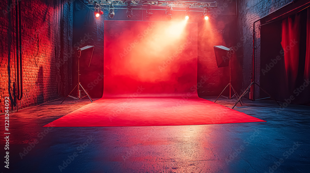 Poster red carpet is laid out in a large room with red lights shining on it. the room is empty and the red 
