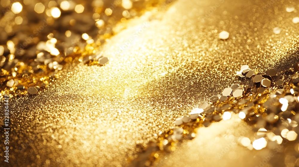 Aufkleber Shimmering Gold Glitters Bokeh Background with Sparkling Hexagonal Reflections : Generative AI