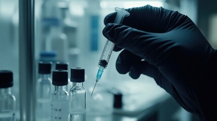 Gloved hand holds syringe near laboratory vials