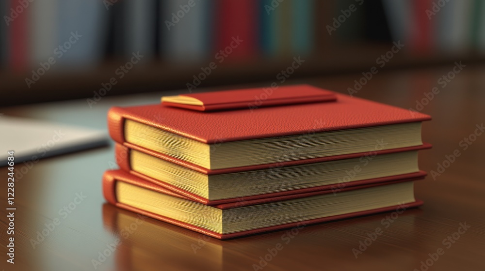 Poster three red leather bound books resting on a table