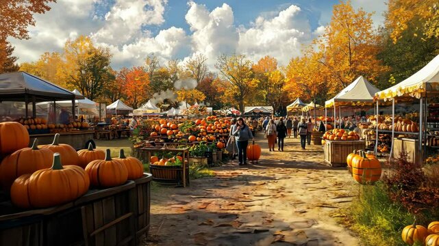 Vibrant autumn harvest festival with pumpkins and outdoor market stalls in lush fall setting