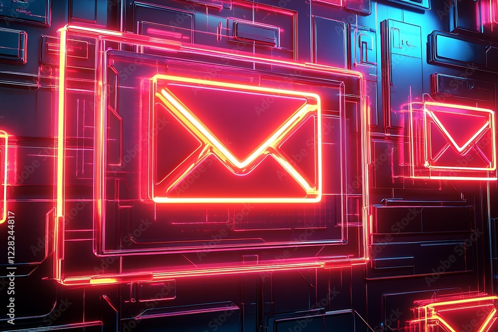Poster futuristic neon email icon with glowing digital technology background : generative ai