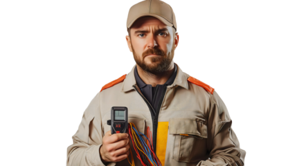 Professional Electrician in Workwear with Tools and Meter at Job Site
