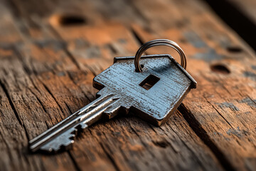 Silver key with a house on it is laying on a wooden surface. The key is old and worn, but it still has a charm to it. Concept of nostalgia and the idea of unlocking new opportunities