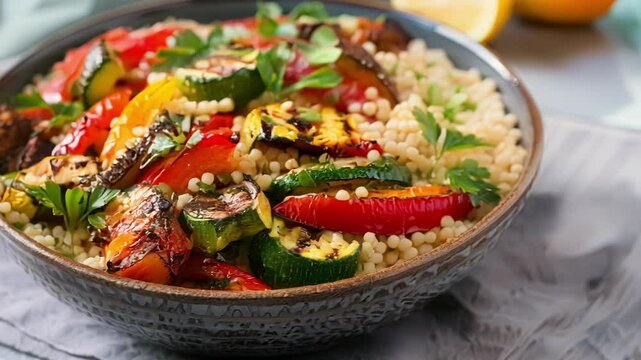 Closeup of a bowl containing israeli couscous with grilled zucchini, eggplant, and bell peppers, seasoned with fresh herbs