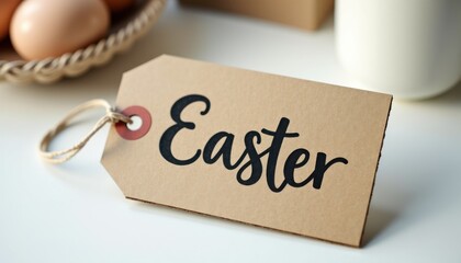 Close-up of cardboard Easter price tag with handwritten font on white surface