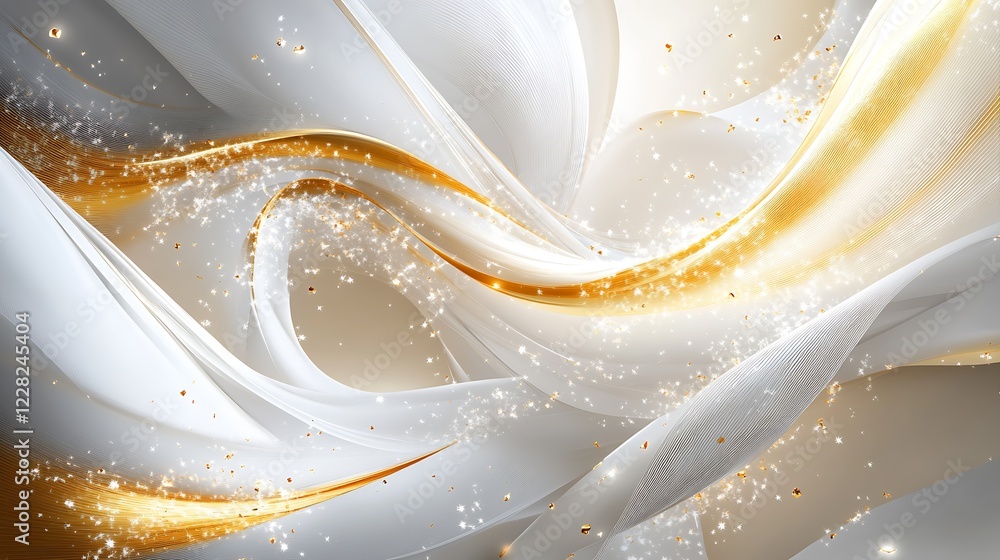 Aufkleber dynamic white and gold swirling patterns abstract background with sparkles : generative ai