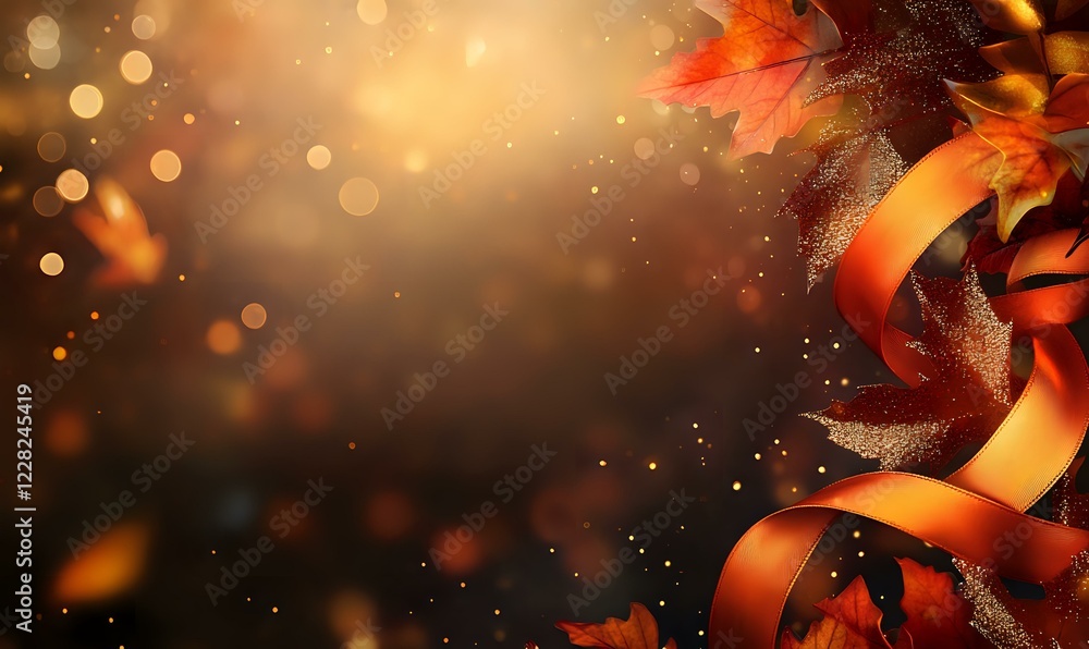 Poster autumn background with falling maple leaves and golden ribbon in warm orange light with bokeh effect