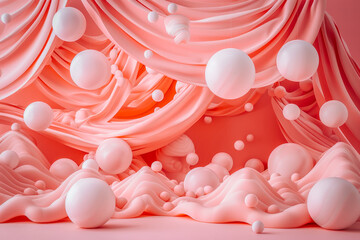 Aesthetic 3D rendered abstract landscape with soft pastel tones, fluid hills, and floating spheres. The design blends organic and geometric shapes, creating a surreal, modern visual