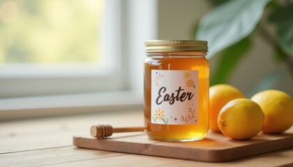 Minimalistic Easter food label on honey jar placed on clean wooden table