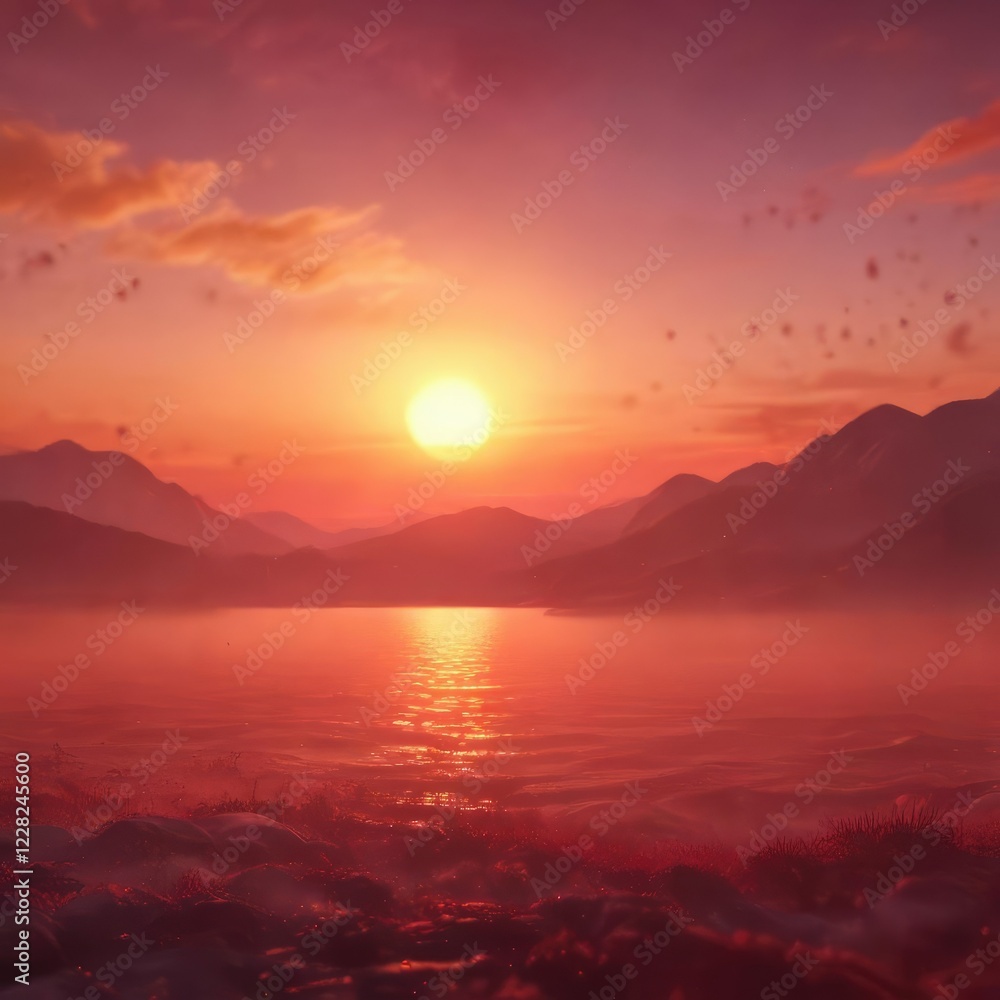 Poster misty sunset fade into abstract red background with soft blur bokeh light effect, soft focus, evenin