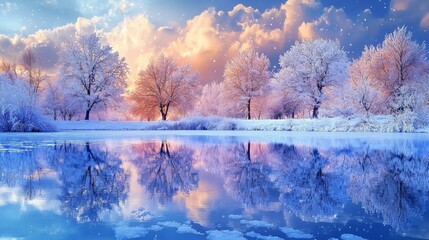 Winter landscape featuring frozen trees and serene reflections in a lake during sunset