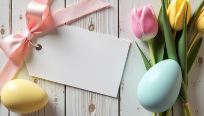  Easter price tag mockup on textured wooden surface with pastel ribbon in daylight