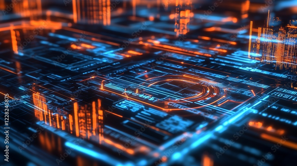 Fototapete advanced microchip circuitry with illuminated blue and orange highlights : generative ai