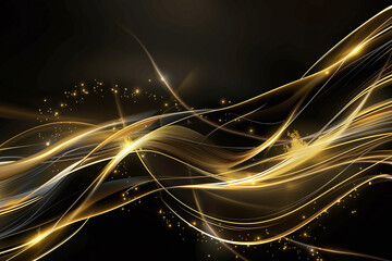 Elegant Flowing Golden Waves with Glowing Particles on a Dark Background, Abstract Futuristic Texture and Luxury Artistic Design