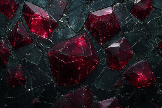 Dark, fractured stone encrusted with deep red,faceted gems.
