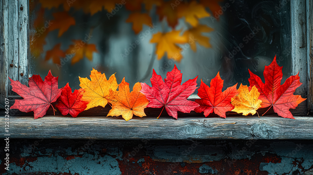 Poster window sill with a row of red and yellow leaves. the leaves are arranged in a way that they are over