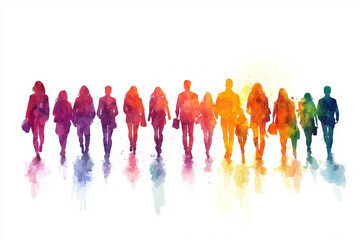Colorful watercolor silhouettes of people walking.