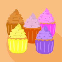 colorful cupcakes, food illustration, vector