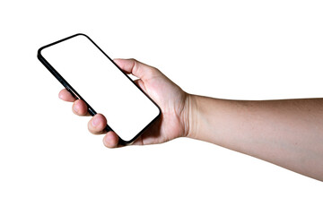 Hand holding a modern smartphone with black screen isolated on transparent background. 