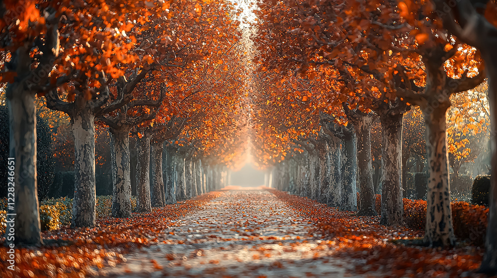 Poster long path lined with trees is covered in autumn leaves. the trees are tall and leafy, and the leaves