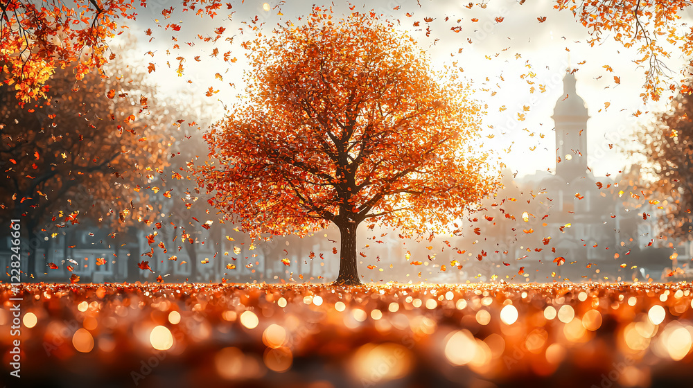 Poster tree is surrounded by a field of orange leaves. the leaves are falling from the tree and are scatter