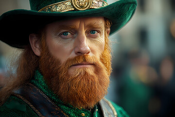 A vibrant Saint Patrick's Day celebration with people wearing festive green attire and accessories, enjoying the festivities in a lively atmosphere