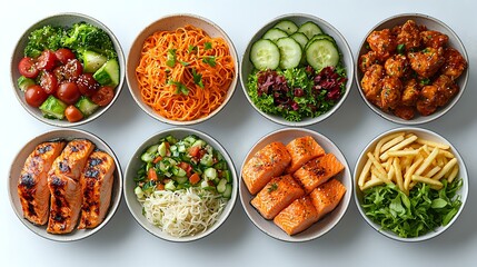Variety of fresh healthy meals in bowls including grilled chicken, salmon, french fries, salads, rice and vegetables arranged in rows on light background.