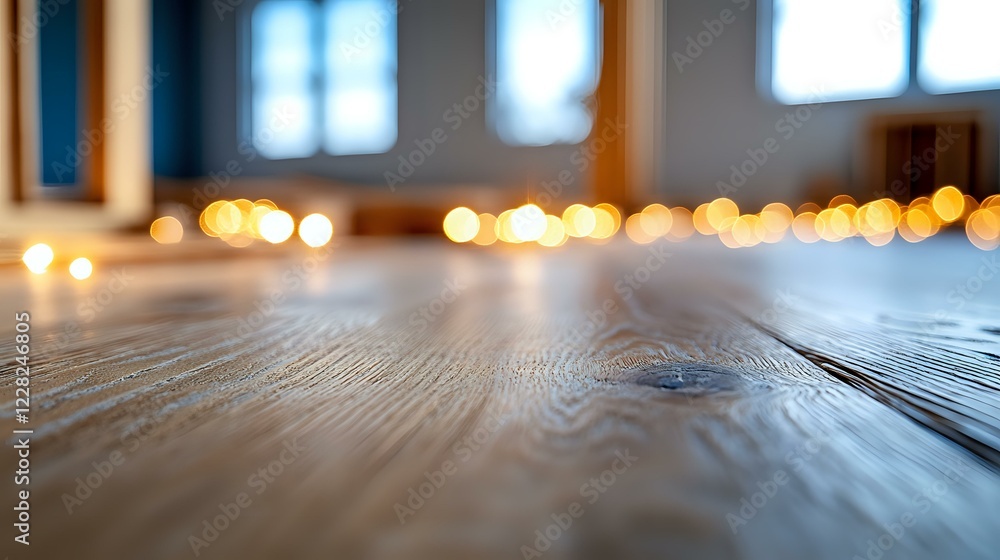 Aufkleber rustic wooden table surface with soft bokeh lights in background creating warm atmospheric mood, sha