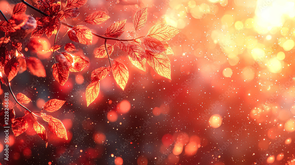 Poster leafy tree branch with red leaves and snowflakes falling on it. the snowflakes are scattered all ove