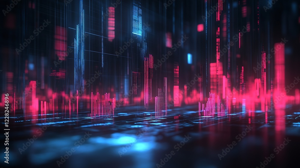 Poster Futuristic Digital Cityscape with Blue and Red Technological Data Streams : Generative AI