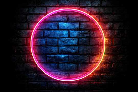 Neon circle on brick wall; vibrant pink and orange glow.