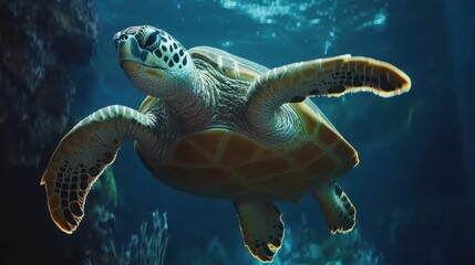 Majestic Sea Turtle Gracefully Swimming Underwater