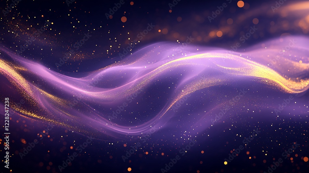 Poster vibrant purple and gold cosmic waves with glowing particles for abstract backgrounds : generative ai