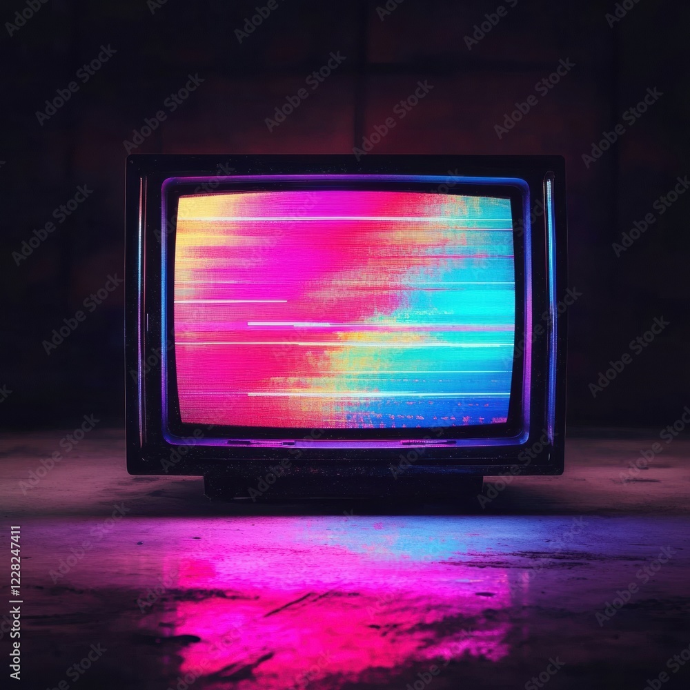 Poster retro television displays vivid static noise with colorful glitch patterns in a darkened environment