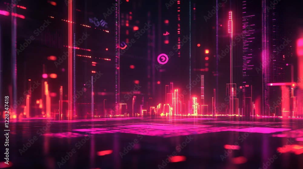 Poster Abstract Digital Cityscape with Neon Elements Highlighting Technological Advancement and Data-Driven Urban Environments : Generative AI