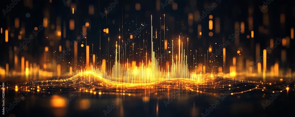 Poster Futuristic Wave of Light and Sound Illustrated with Golden Lines Against a Dark Abstract Background : Generative AI