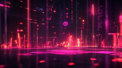 Fototapeta premium Abstract Digital Cityscape with Neon Elements Highlighting Technological Advancement and Data-Driven Urban Environments : Generative AI