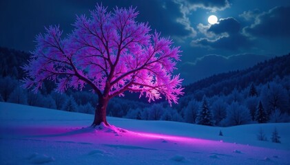 Frosty winter tree aglow with eerie purple light on cold winter night, glow, halloween