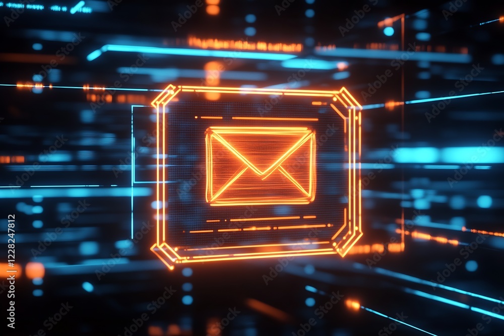 Aufkleber neon virtual email symbol in high-tech digital interface with blue and orange cyber aesthetics : gen