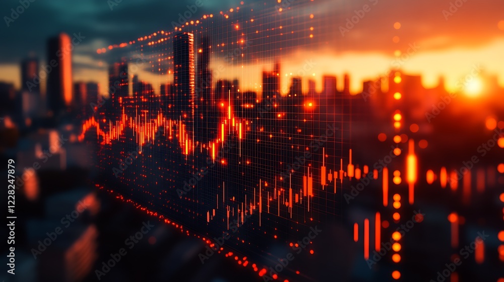 Poster digital city financial data overlay with vibrant sunset background : generative ai