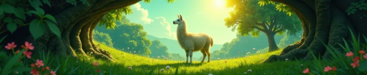 Fototapeta premium Gentle llama surveys surroundings through gap, peaceful, hole, green