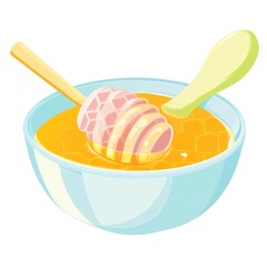 Honeycomb honey in bowl, spoon, white background, breakfast food
