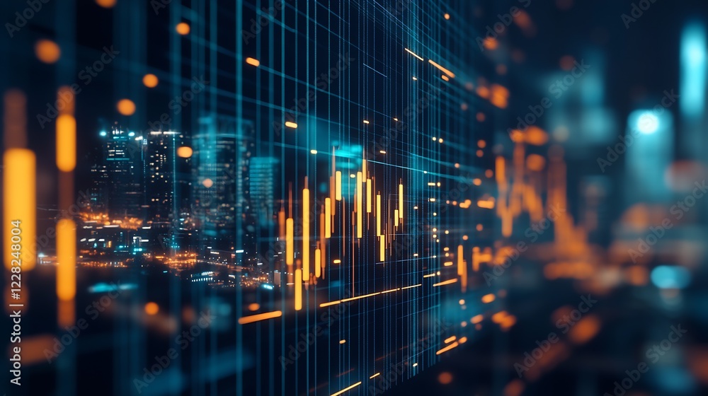 Poster futuristic city with complex digital financial analytics : generative ai