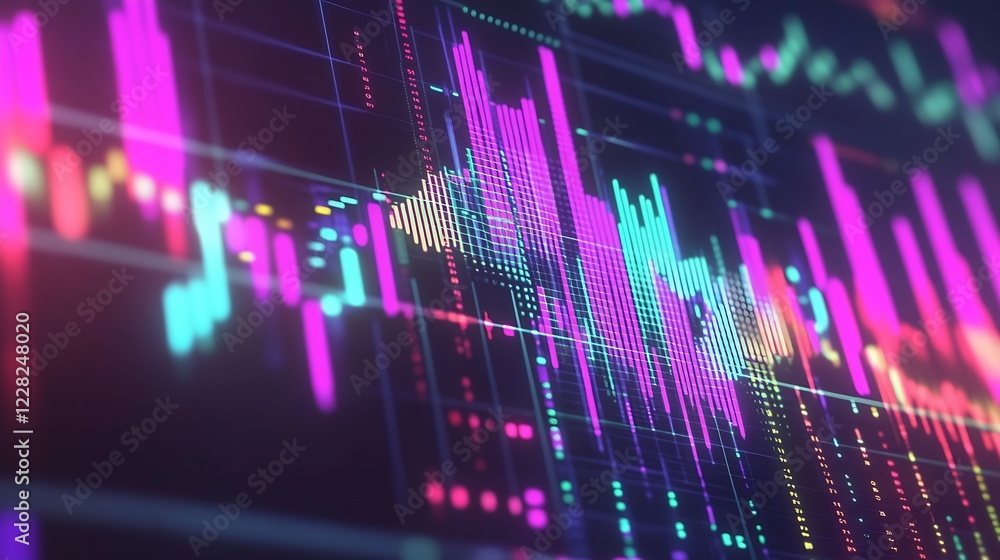Poster Dynamic Soundwave Visualization with Neon Pink Blue Light Bars and Futuristic Data Display : Generative AI