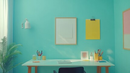 Artistic Workspace With Teal Walls And Natural Light