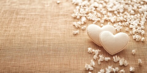 Two vibrant hearts rest on a table, surrounded by delicate flowers, creating a romantic ambiance perfect for celebrating love on Valentine's Day.